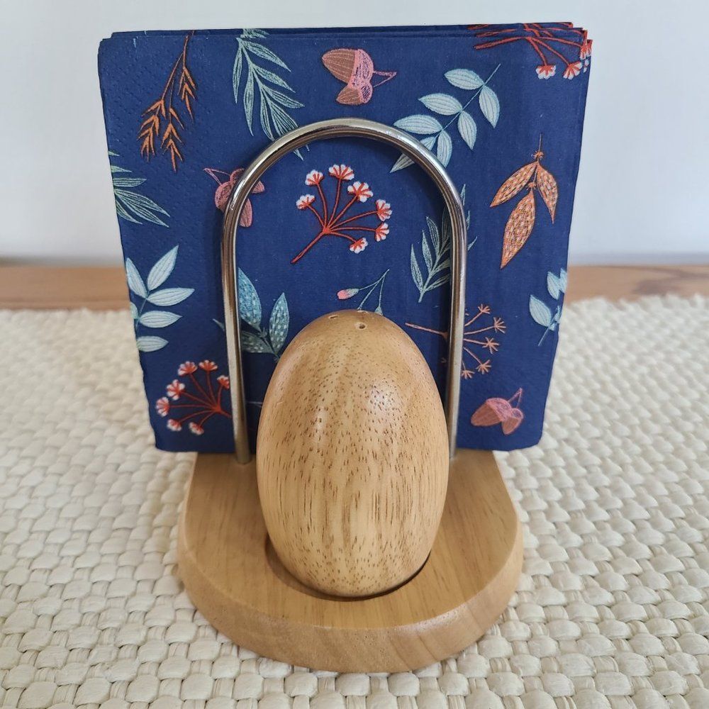 NWOT Metal and Solid Wood Egg-Shaped Salt And Pepper Shakers With Napkin Holder - Picture 11 of 12
